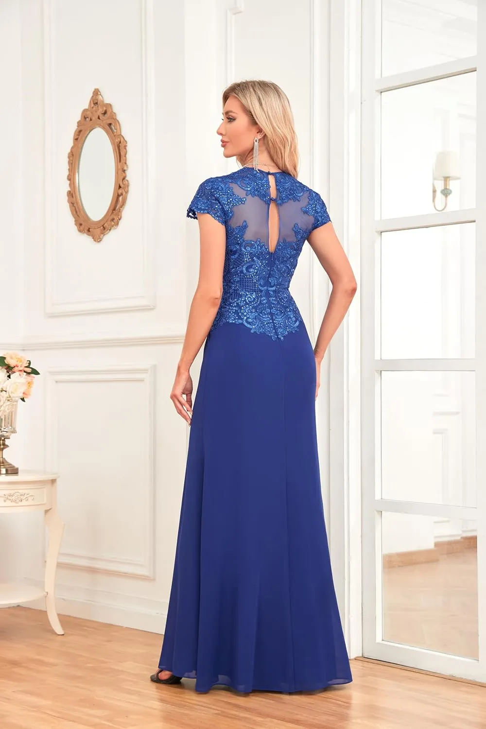 Women's V Neck Bridesmaid Dresses Long Lace Appliques Beaded Chiffon Short Sleeve Formal Dress with Pockets HS025