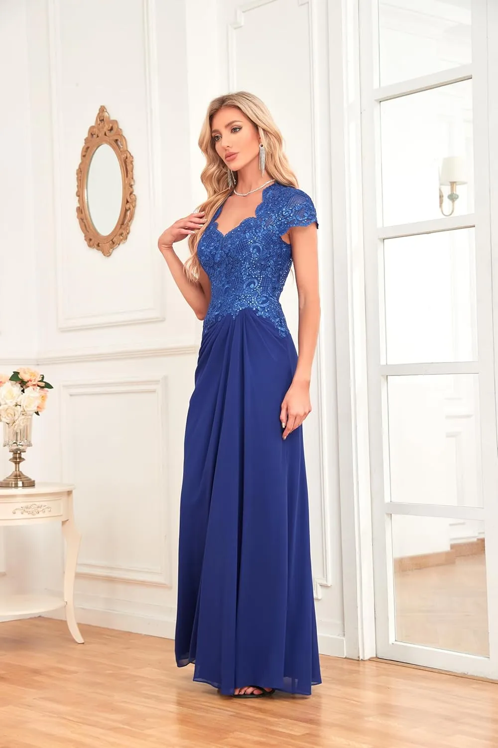 Women's V Neck Bridesmaid Dresses Long Lace Appliques Beaded Chiffon Short Sleeve Formal Dress with Pockets HS025