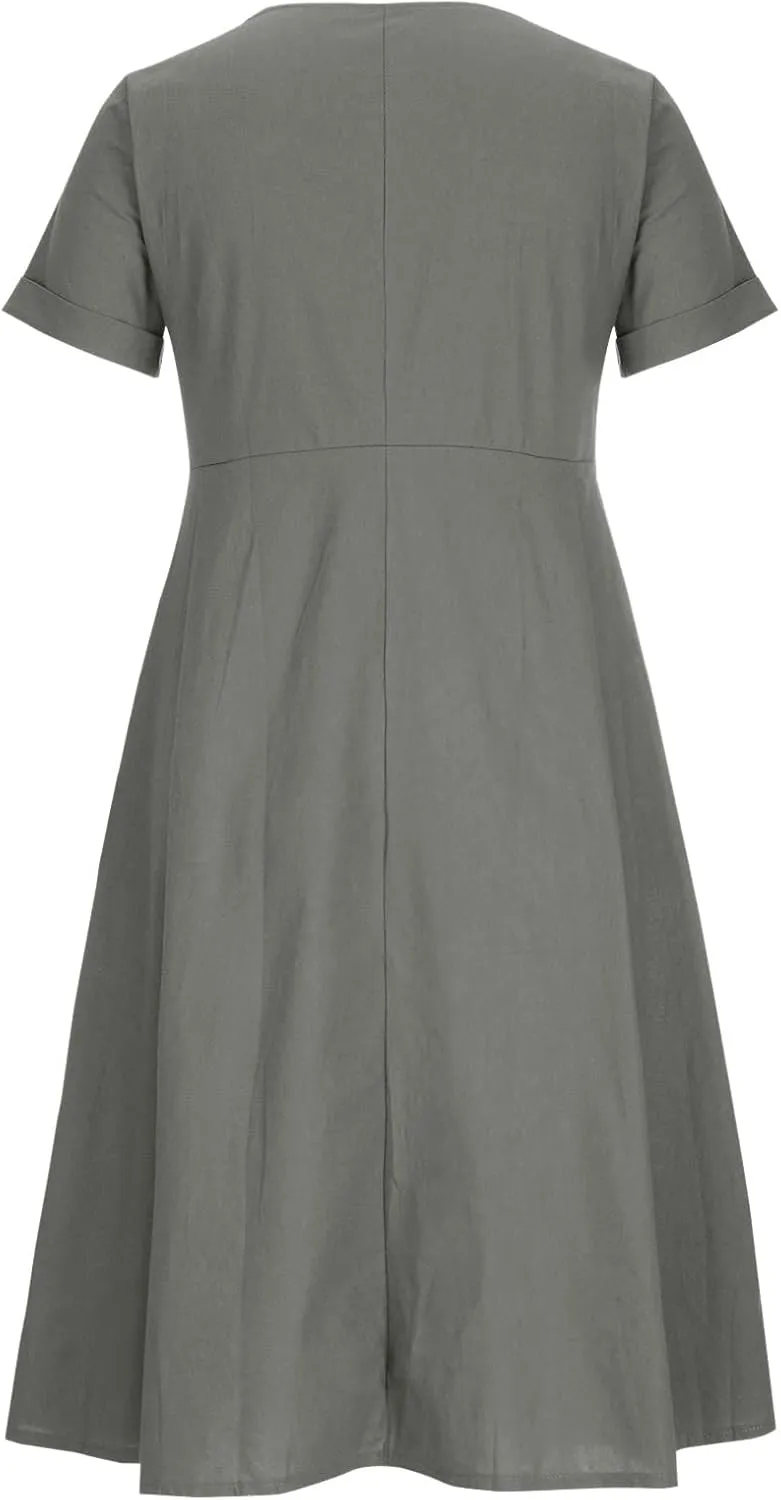 Women's V Neck Pleated Summer Dress Trendy Casual Short Sleeve Midi Dresses Loose Comfort Cotton Linen Dress