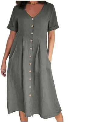 Women's V Neck Pleated Summer Dress Trendy Casual Short Sleeve Midi Dresses Loose Comfort Cotton Linen Dress