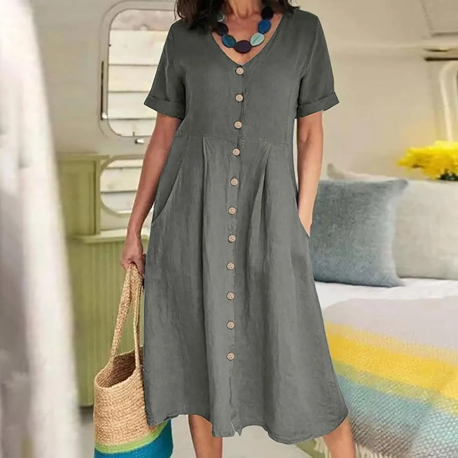 Women's V Neck Pleated Summer Dress Trendy Casual Short Sleeve Midi Dresses Loose Comfort Cotton Linen Dress