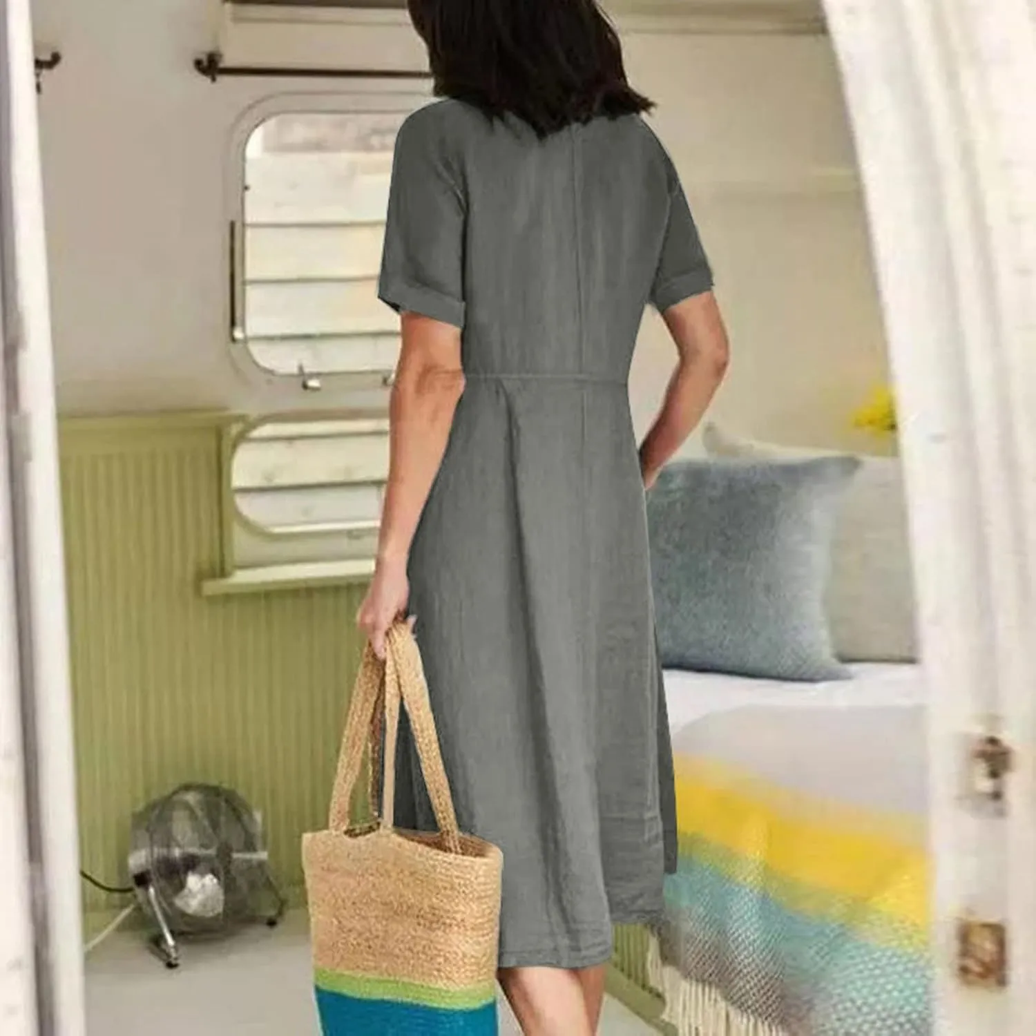 Women's V Neck Pleated Summer Dress Trendy Casual Short Sleeve Midi Dresses Loose Comfort Cotton Linen Dress