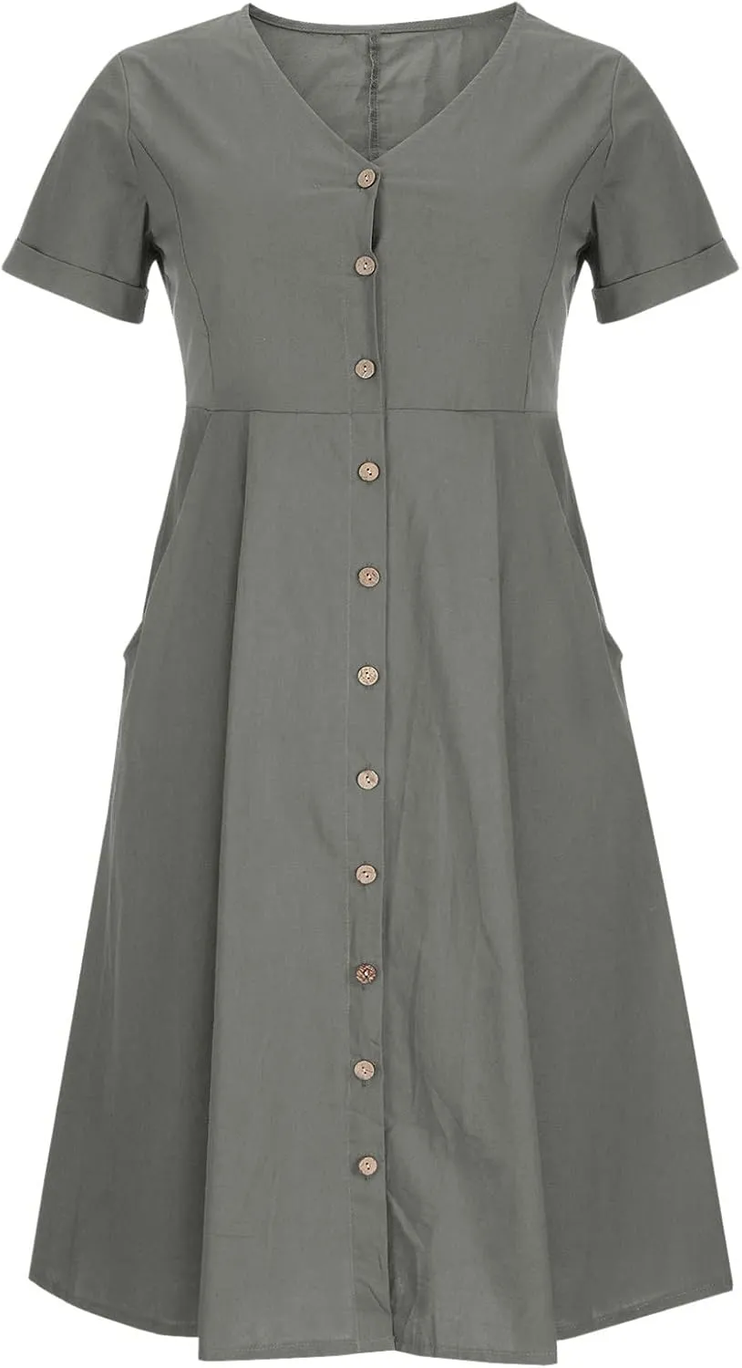 Women's V Neck Pleated Summer Dress Trendy Casual Short Sleeve Midi Dresses Loose Comfort Cotton Linen Dress