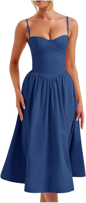 Women's Vintage Corset Dress Spaghetti Strap A-Line Midi Dress Elegant Cocktail Party Evening Dresses