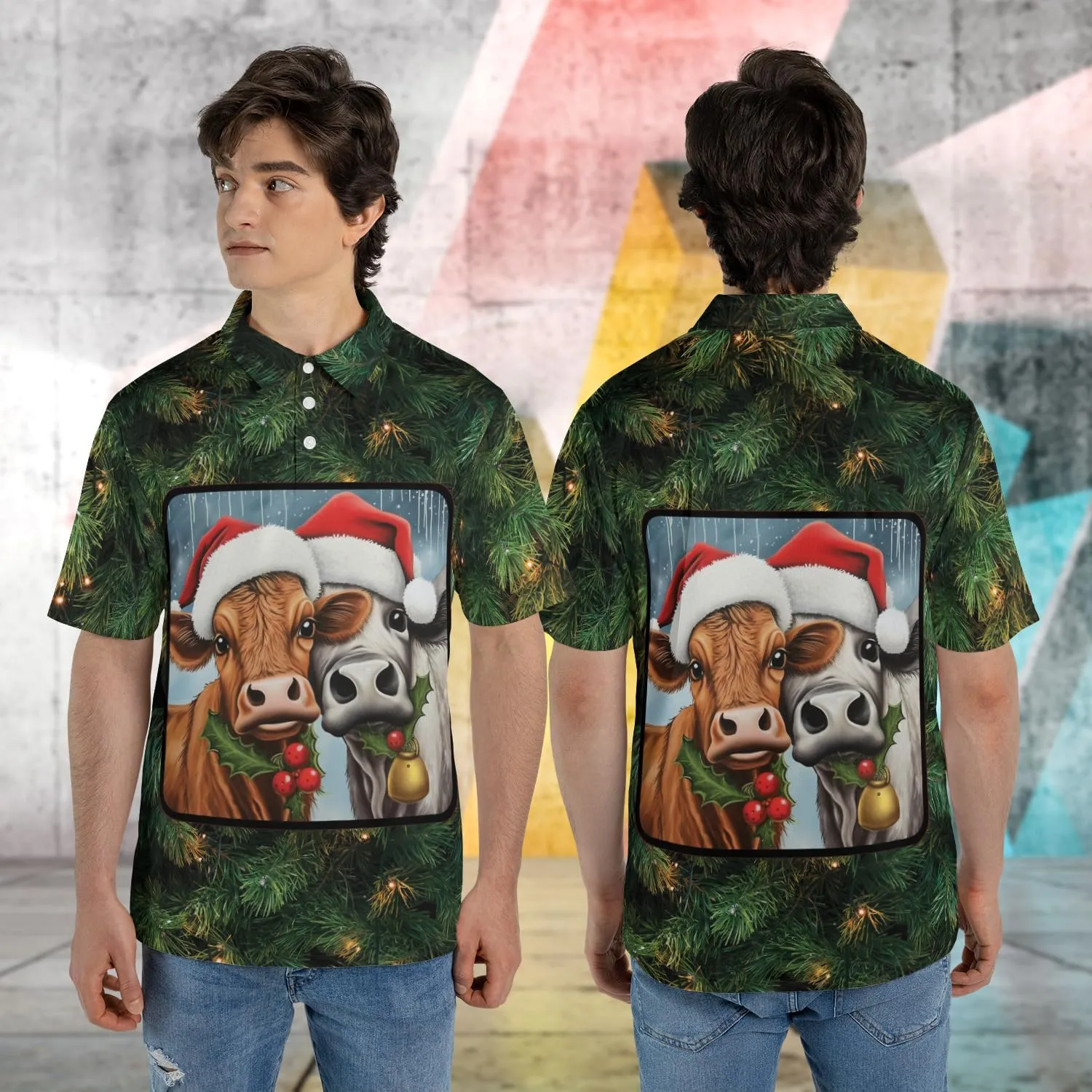 Xmas Cow Polo Shirts for Men - Galaxy Cat Mens Quick Dry Short Sleeve Polo Shirts Series 29