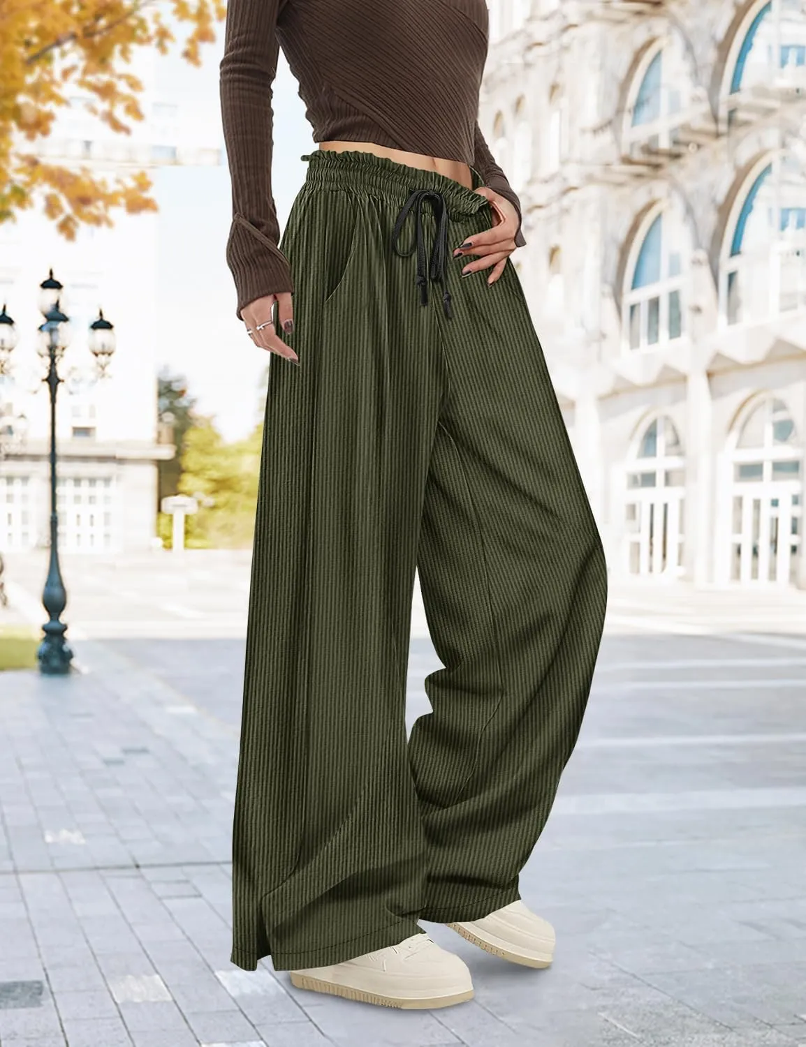 YESNO Corduroy Wide Leg Pants for Women Drawstring Elastic High Waist Slit Palazzo Casual Loose Trousers with Pockets PC0