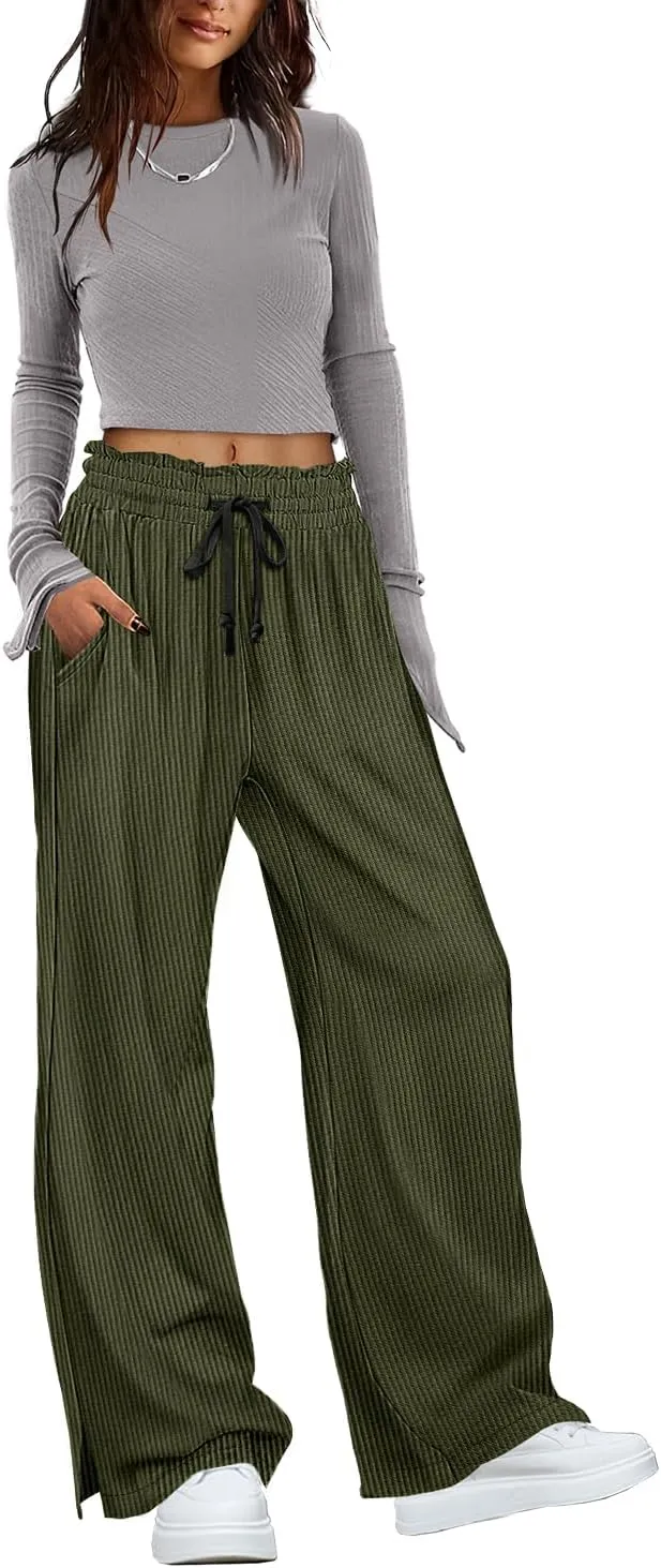 YESNO Corduroy Wide Leg Pants for Women Drawstring Elastic High Waist Slit Palazzo Casual Loose Trousers with Pockets PC0