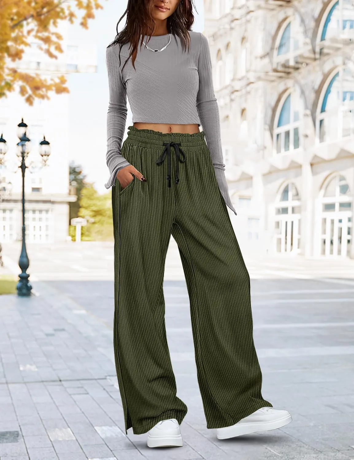 YESNO Corduroy Wide Leg Pants for Women Drawstring Elastic High Waist Slit Palazzo Casual Loose Trousers with Pockets PC0