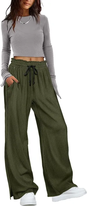 YESNO Corduroy Wide Leg Pants for Women Drawstring Elastic High Waist Slit Palazzo Casual Loose Trousers with Pockets PC0