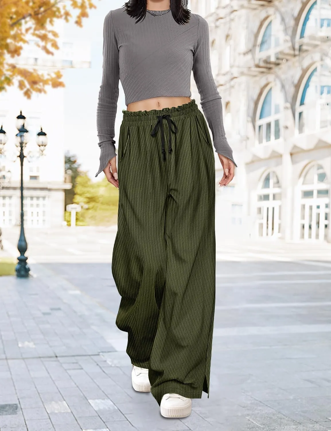 YESNO Corduroy Wide Leg Pants for Women Drawstring Elastic High Waist Slit Palazzo Casual Loose Trousers with Pockets PC0