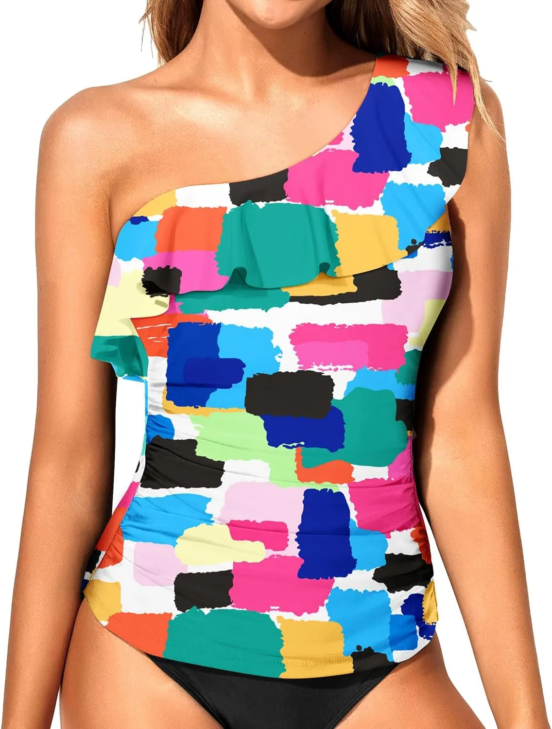 Yonique Womens One Shoulder Tankini Swim Tops Ruffle Bathing Suit Tops No Bottoms