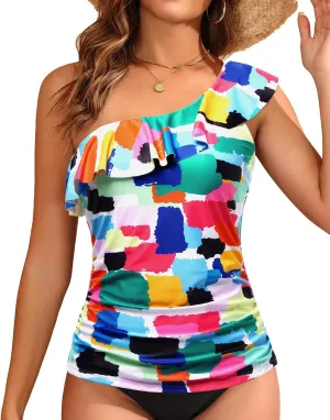 Yonique Womens One Shoulder Tankini Swim Tops Ruffle Bathing Suit Tops No Bottoms