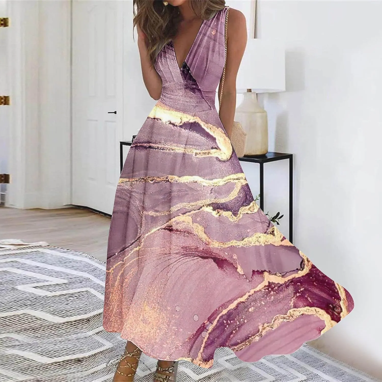 ZDRZK Women's Casual Dresses Sleeveless Wrapped Chest Maxi Dresses Marble Print Sexy Flowy Summer Dresses Trendy 2024