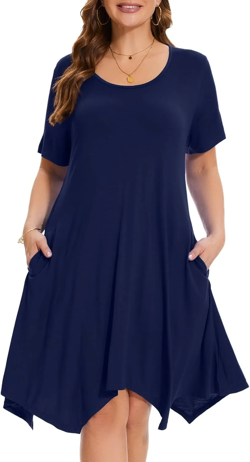ZENNILO Plus Size Tshirt Dress with Pockets Casual Summer Dresses Crew Neck Short Sleeve Swing Dress for Women