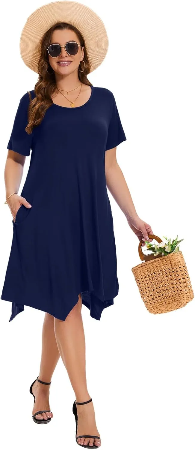 ZENNILO Plus Size Tshirt Dress with Pockets Casual Summer Dresses Crew Neck Short Sleeve Swing Dress for Women