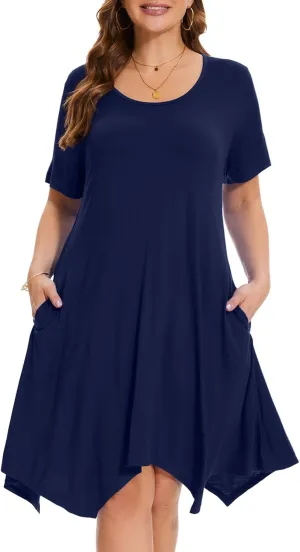ZENNILO Plus Size Tshirt Dress with Pockets Casual Summer Dresses Crew Neck Short Sleeve Swing Dress for Women