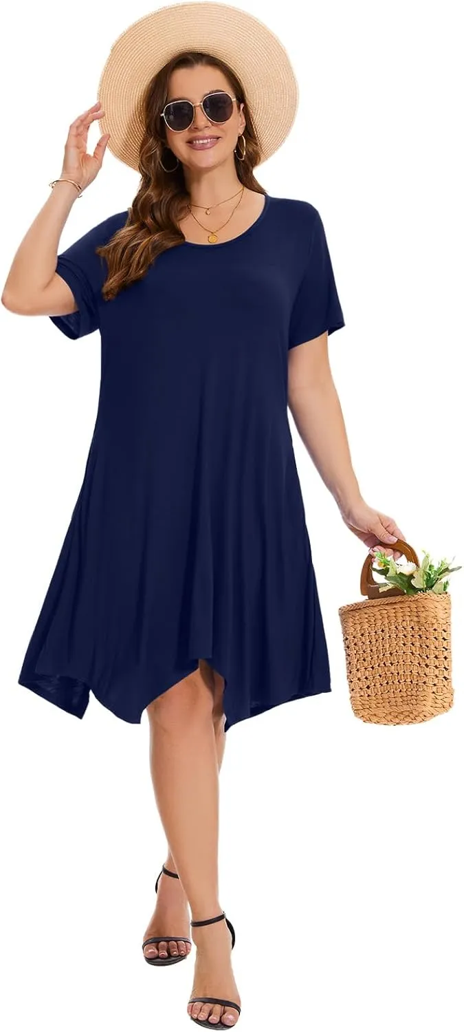 ZENNILO Plus Size Tshirt Dress with Pockets Casual Summer Dresses Crew Neck Short Sleeve Swing Dress for Women