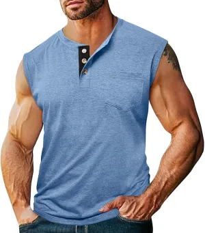 ZYXTIM Men's Muscle Henley Shirts Sleeveless V Neck Button Up Polo Shirts Gym Workout Athletic Running Beach Summer Tank Tops